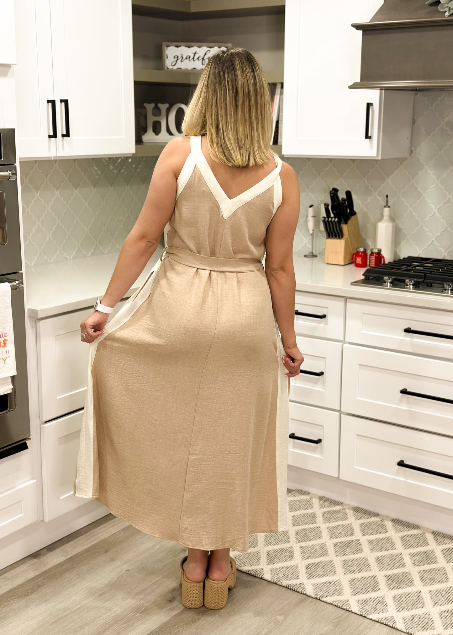 Neutral Taupe Colorblock Midi Dress