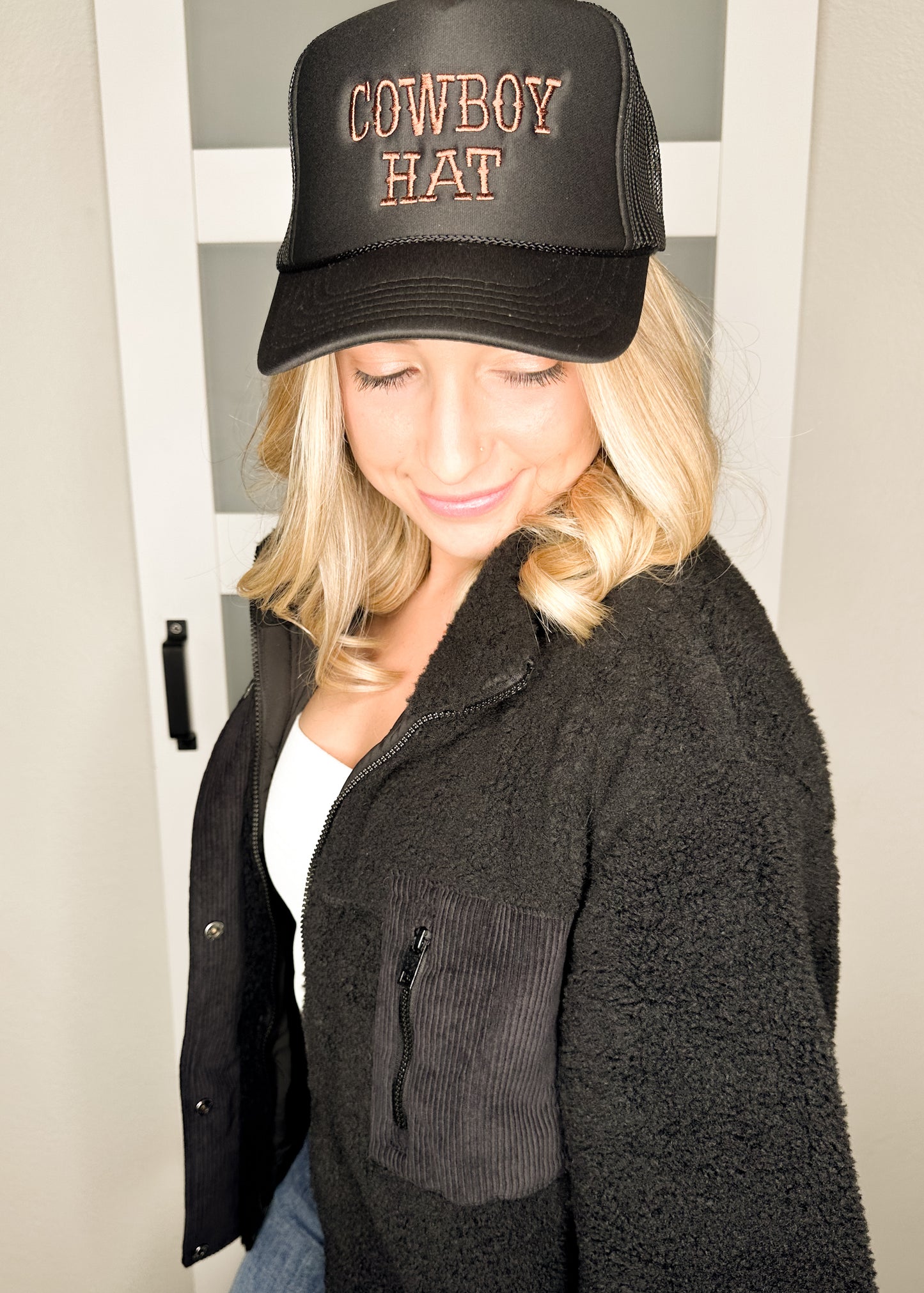 Black Embroidered Cowboy Hat Trucker Hat