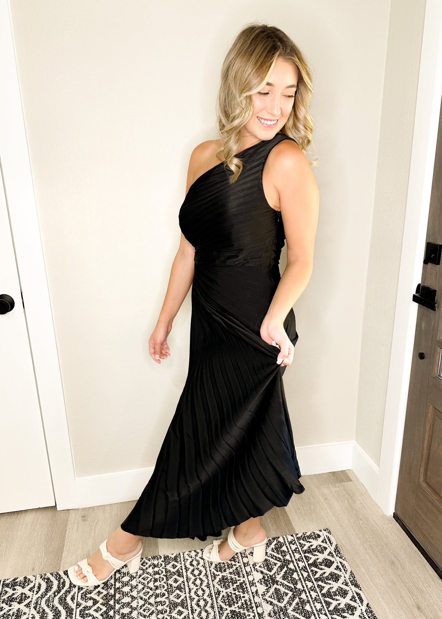 Black Pleated One Shoulder Side Cut Out Asymmetrical Hem Dress