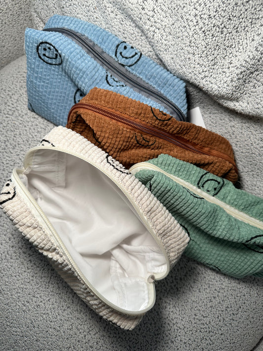 Printed Smiley Face Corduroy Toiletry Bag Pouch