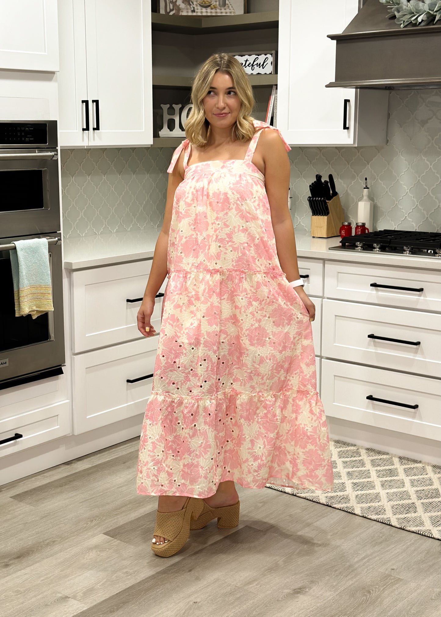 Pink & White Floral Bandeau Eyelet Detail Maxi Dress