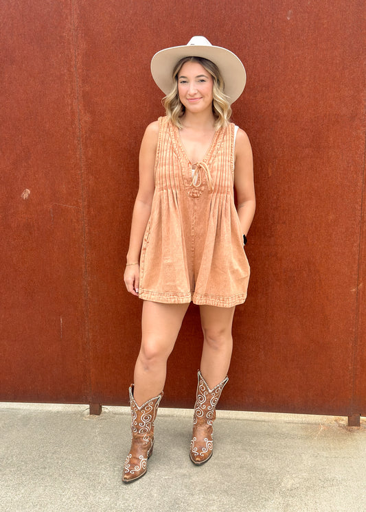 Rust Sleeveless Pleated Denim Romper