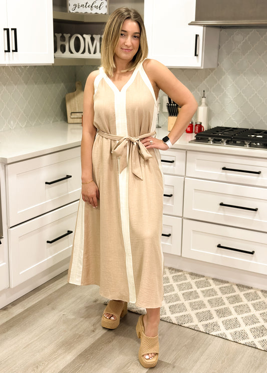 Neutral Taupe Colorblock Midi Dress