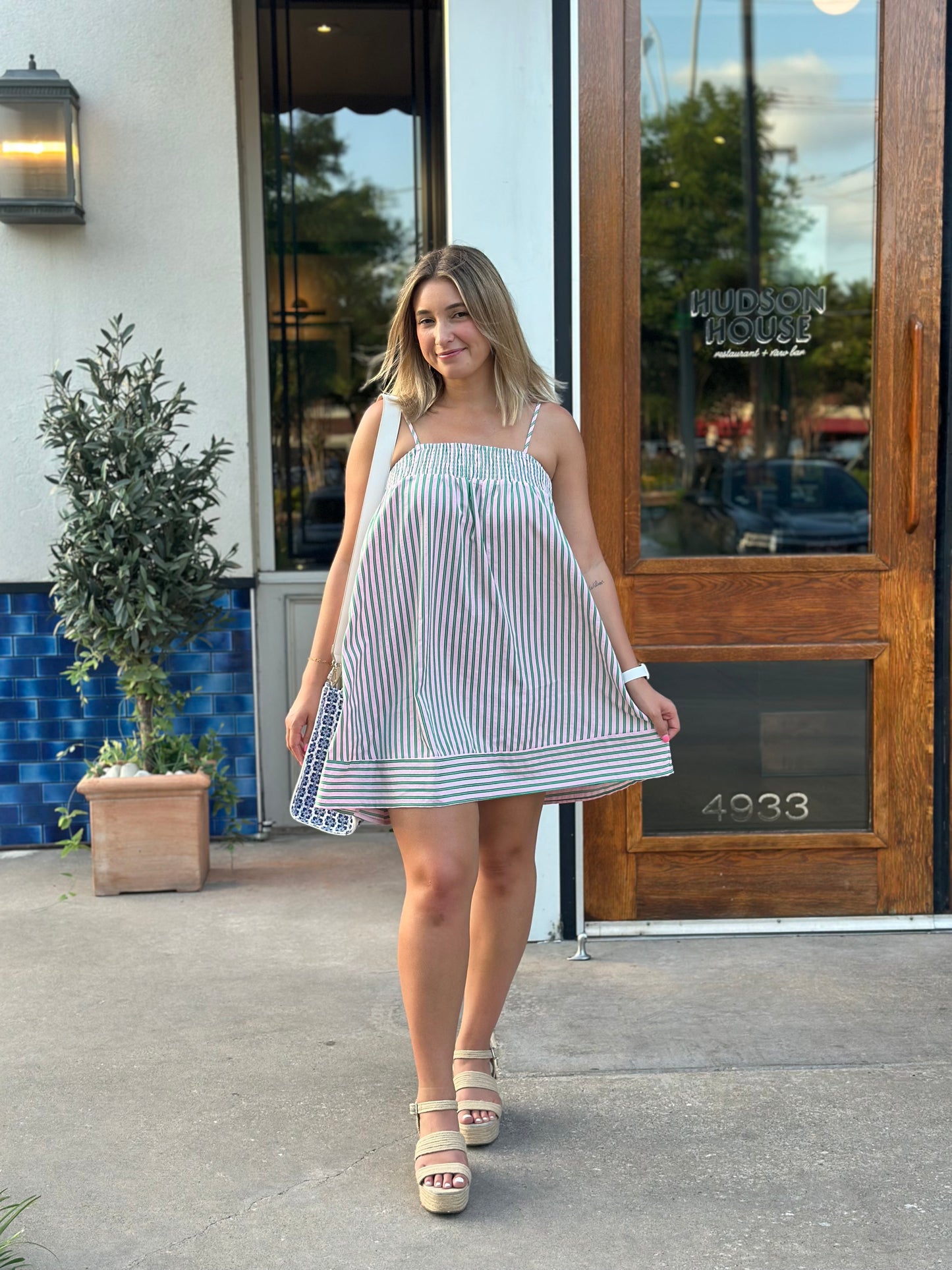 Pink & Green Striped Smocked Babydoll Dress