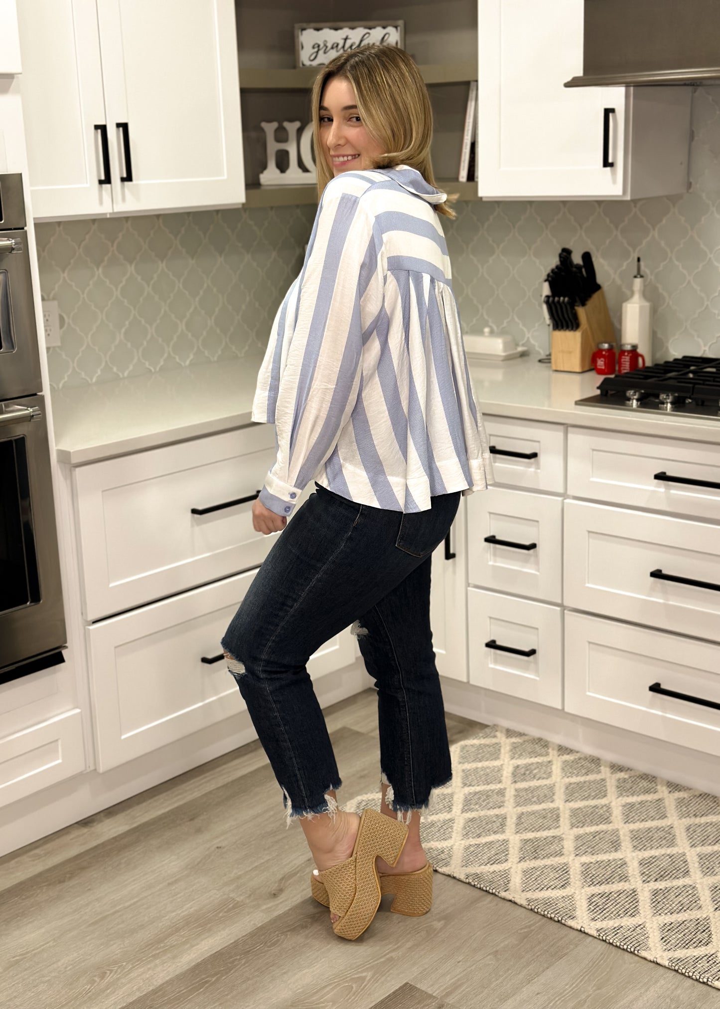 Blue & White Striped Coastal Button Top