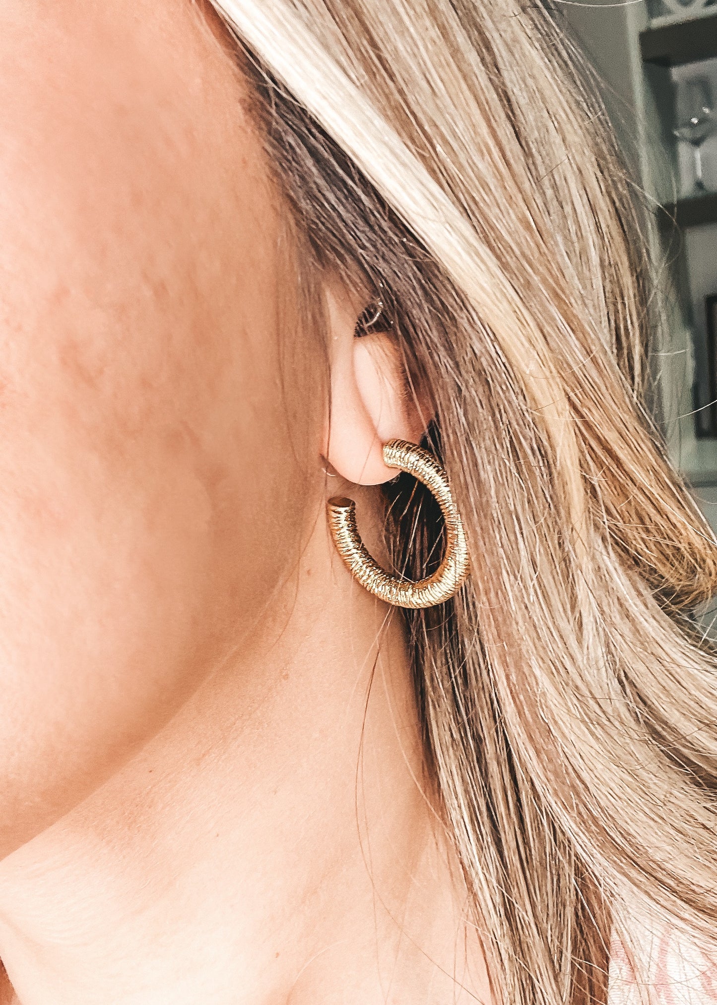 Gold Hoop Earrings with Rigged Detail
