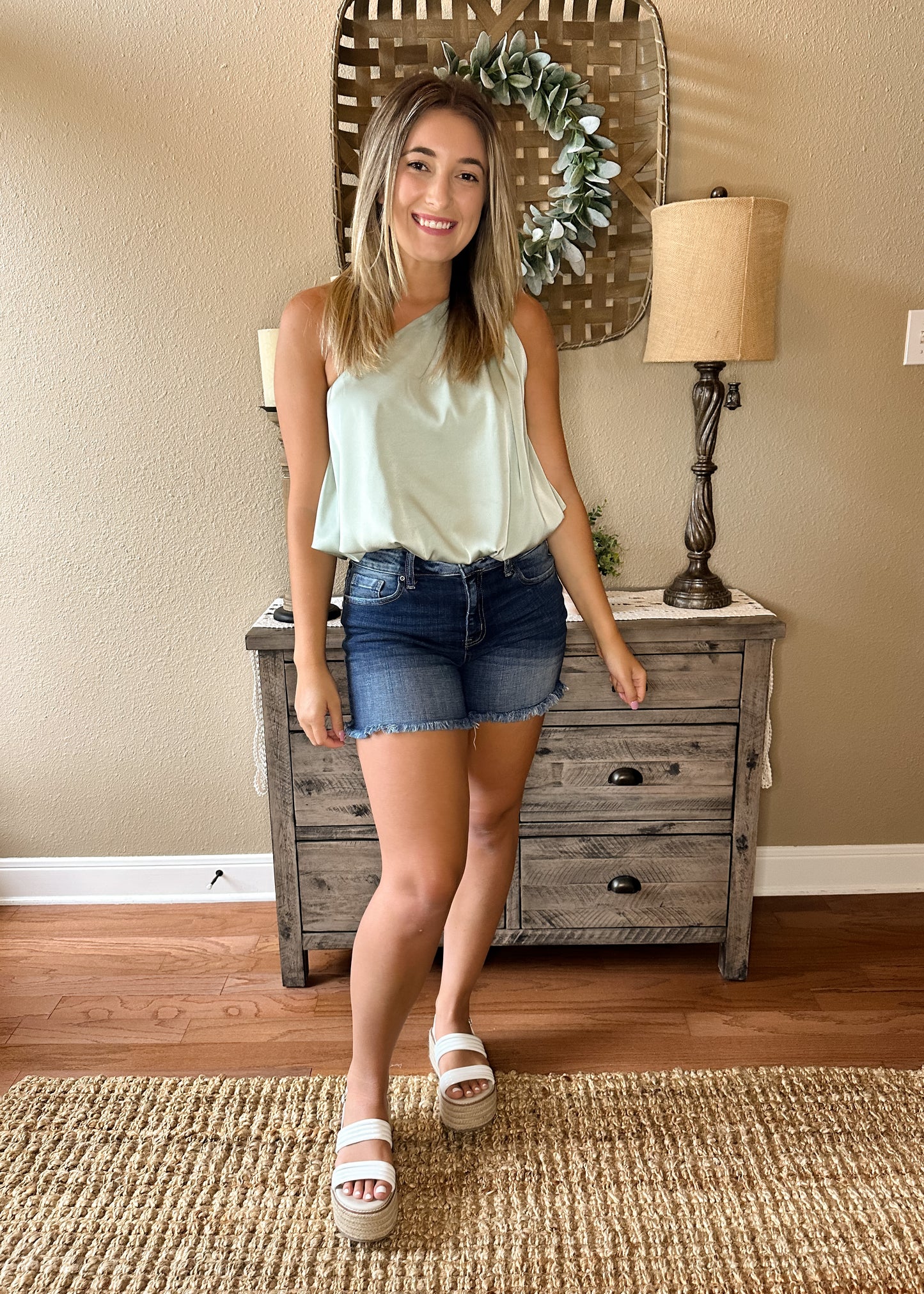 Light Sage Satin One Shoulder Bubble Hem Top