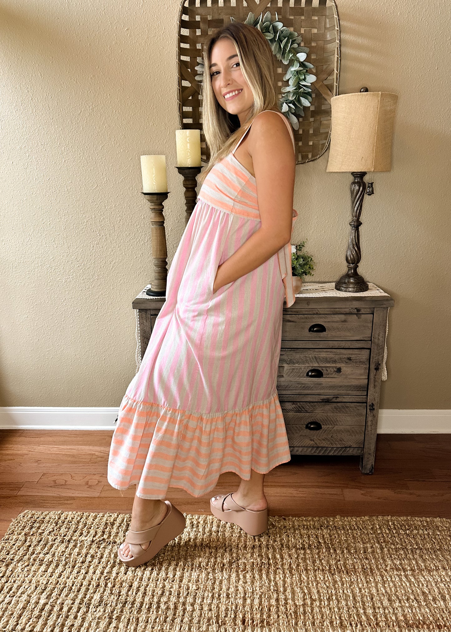 Pink & Orange Striped Colorblock Midi Dress