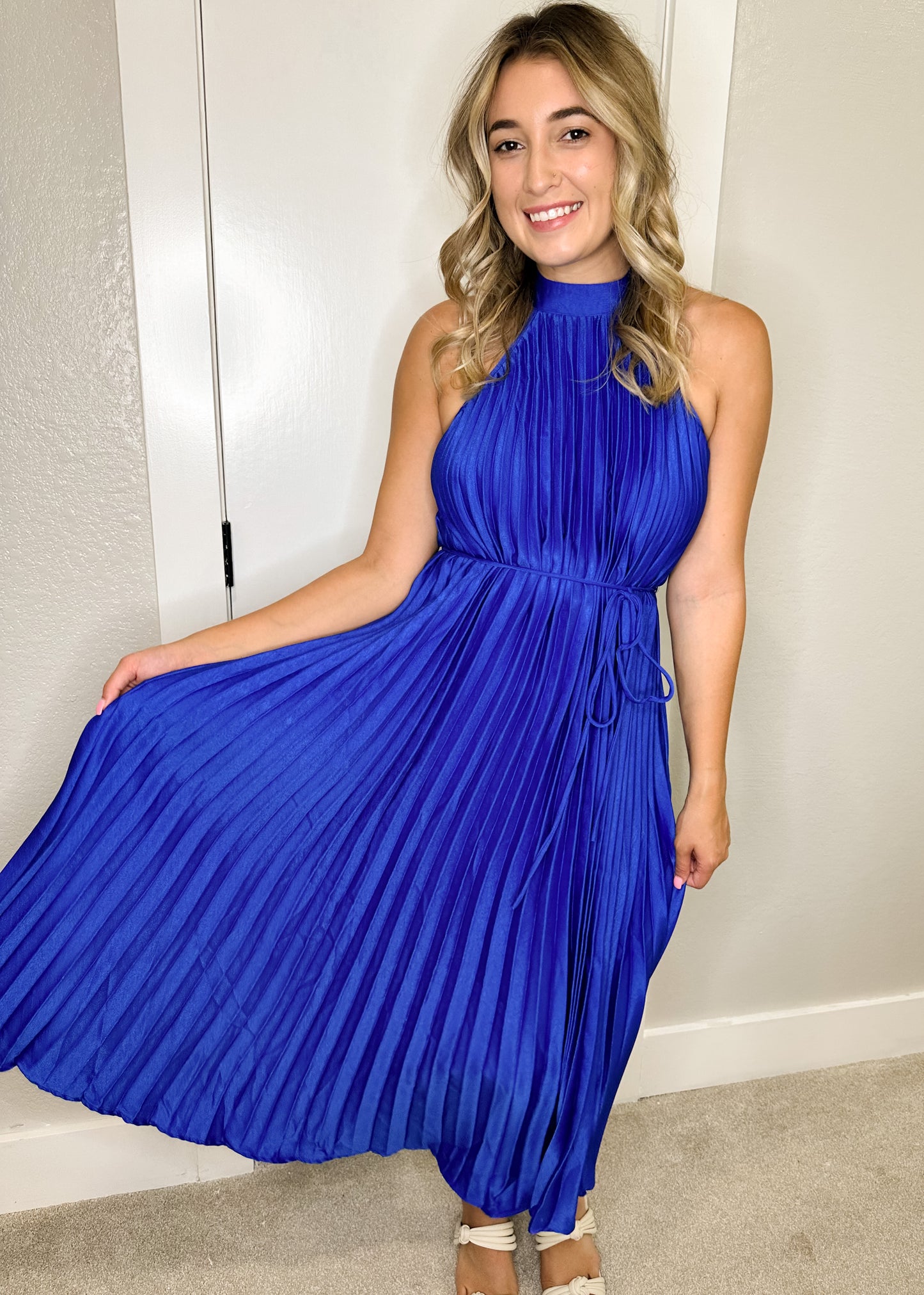 Royal Blue Pleated High Neck Waist Tie Midi Dress