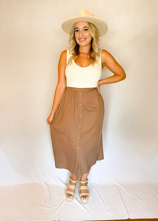 Brown Elastic Back Midi Skirt