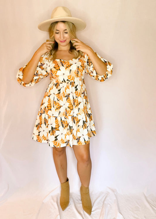 Taupe Floral Puff Sleeve Dress *FINAL SALE*