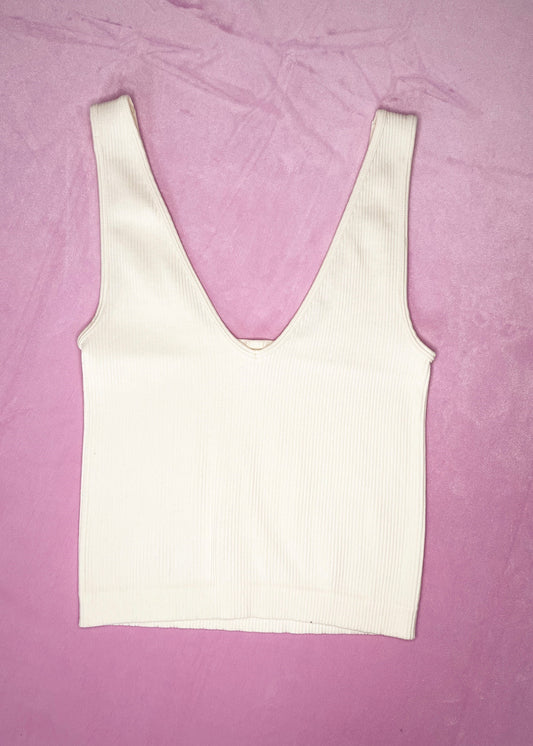 Cream Ribbed V-neck Tank