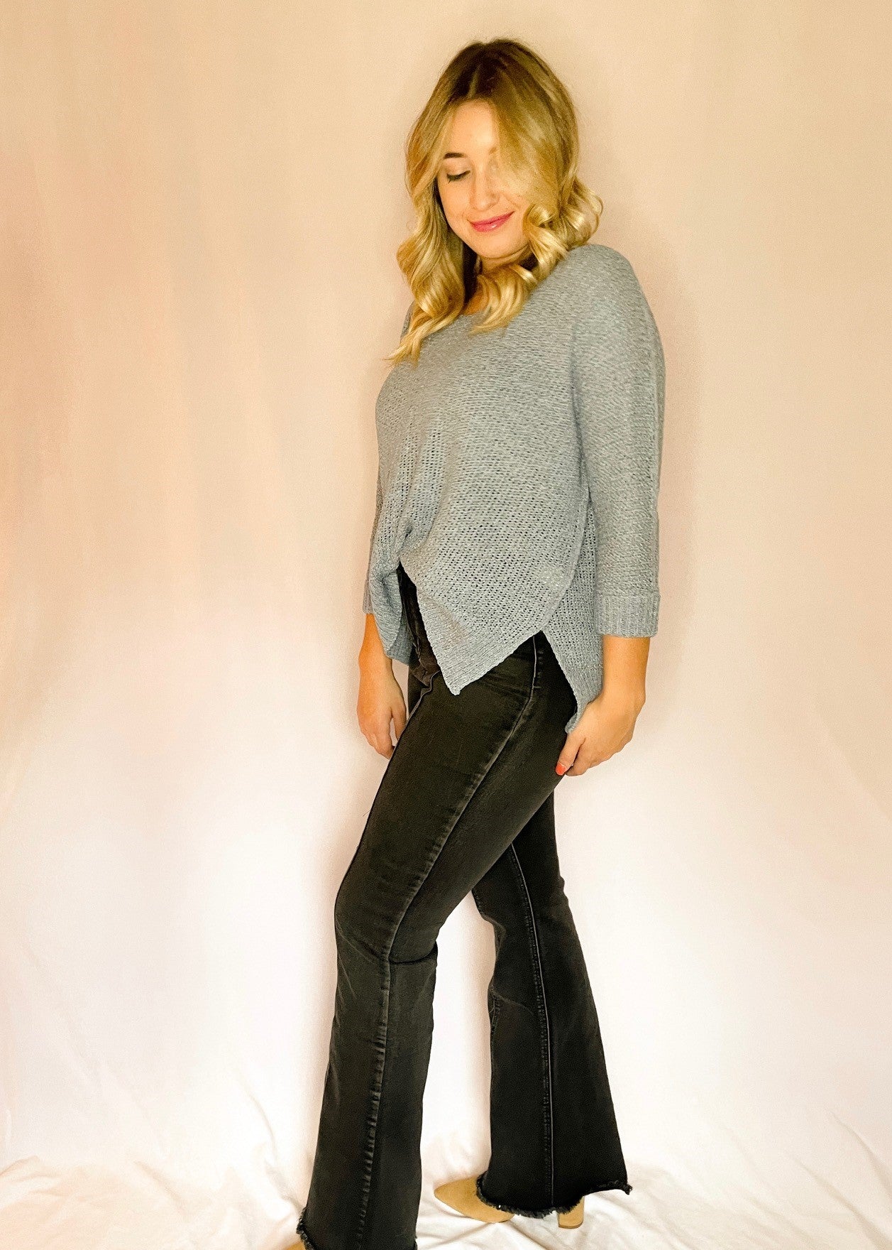 Dusty Blue 3/4 Sleeve Knit Sweater