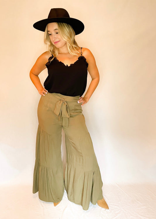 Olive Tiered Waist Tie Palazzo Pants