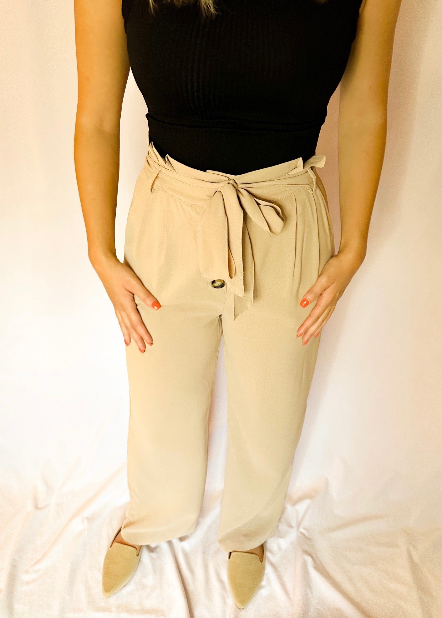 Taupe Paperbag Pants with Waist Tie