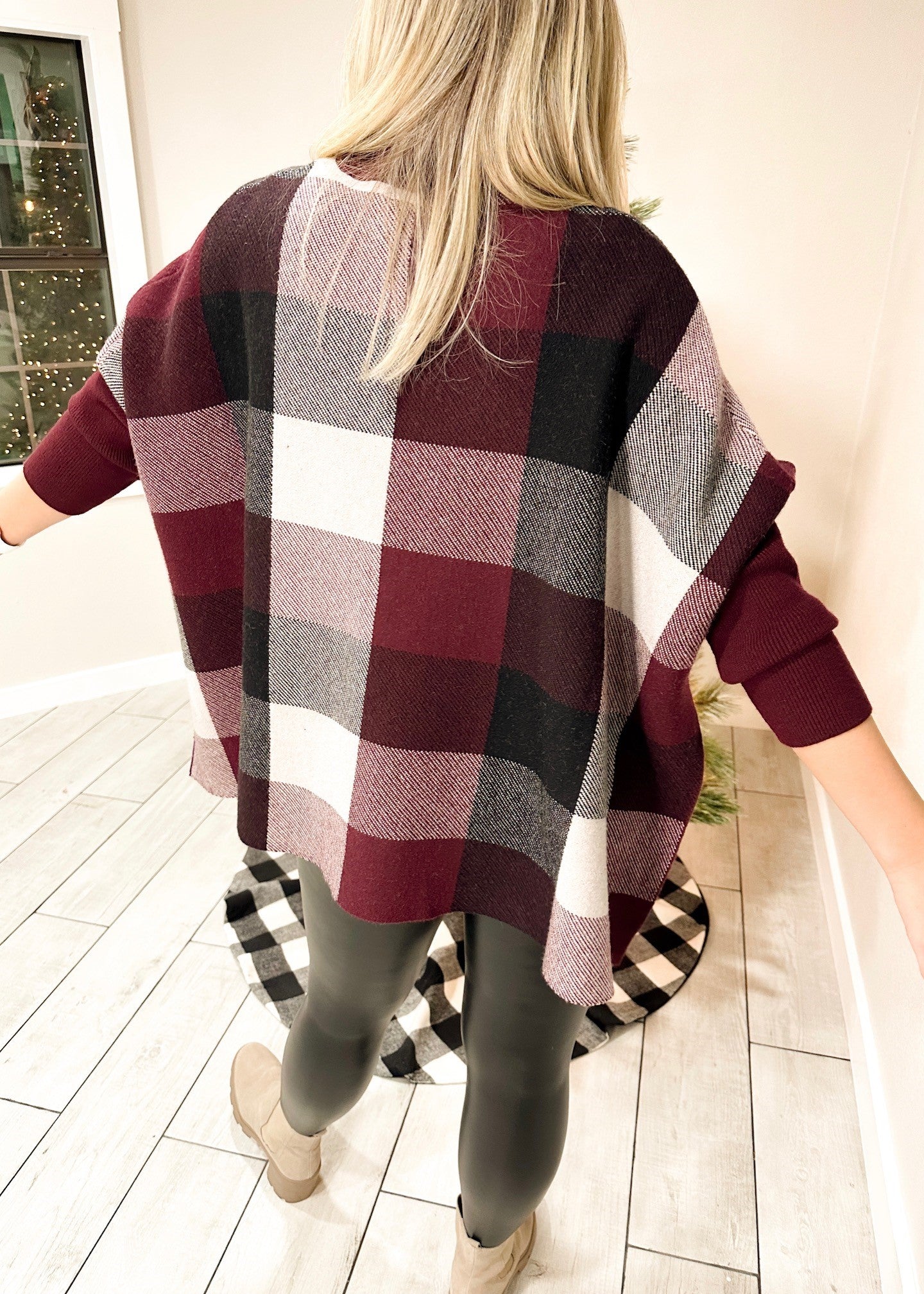 Burgundy Plaid Turtleneck Poncho