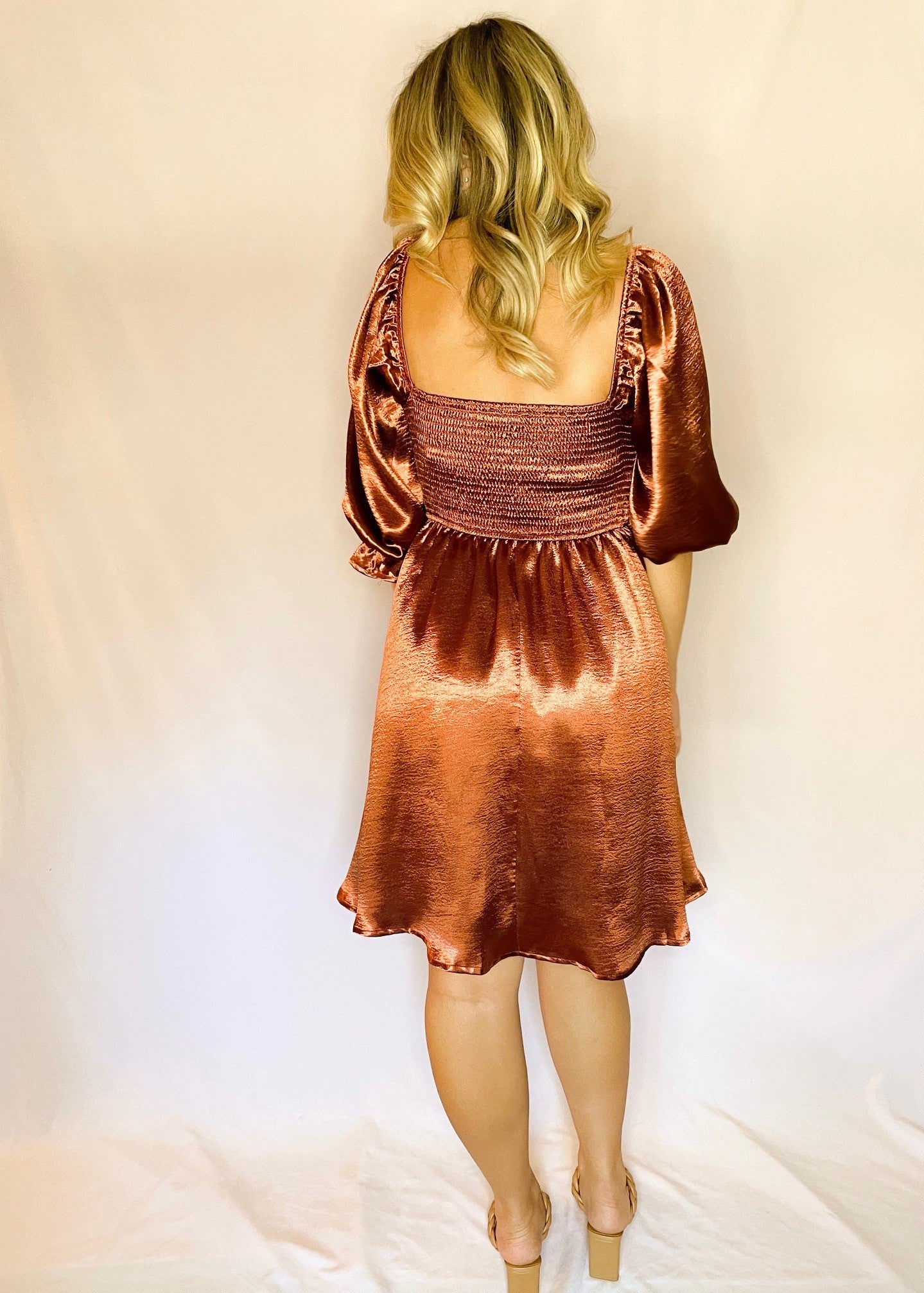 Rust Satin Bubble Sleeve Dress