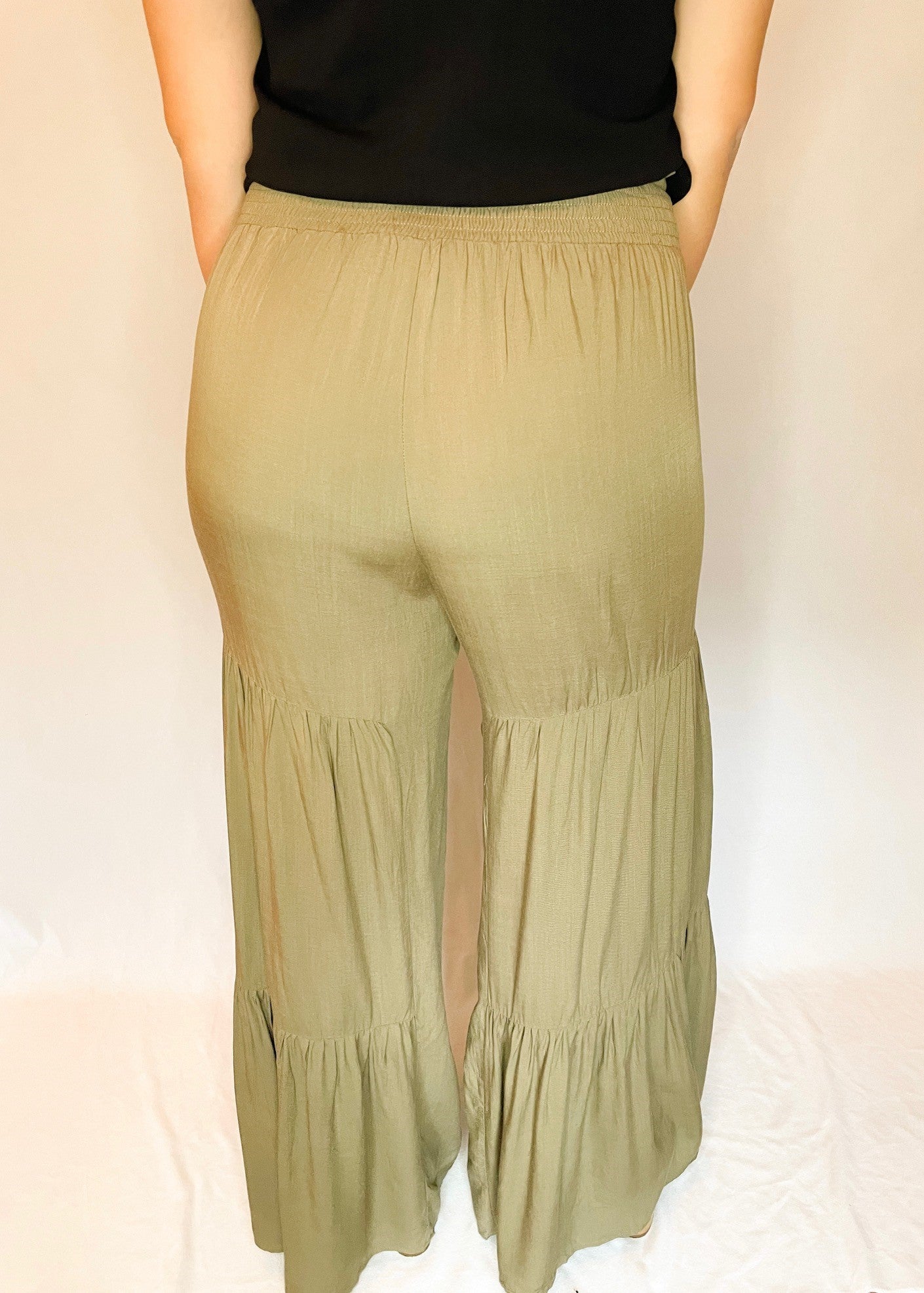Olive Tiered Waist Tie Palazzo Pants