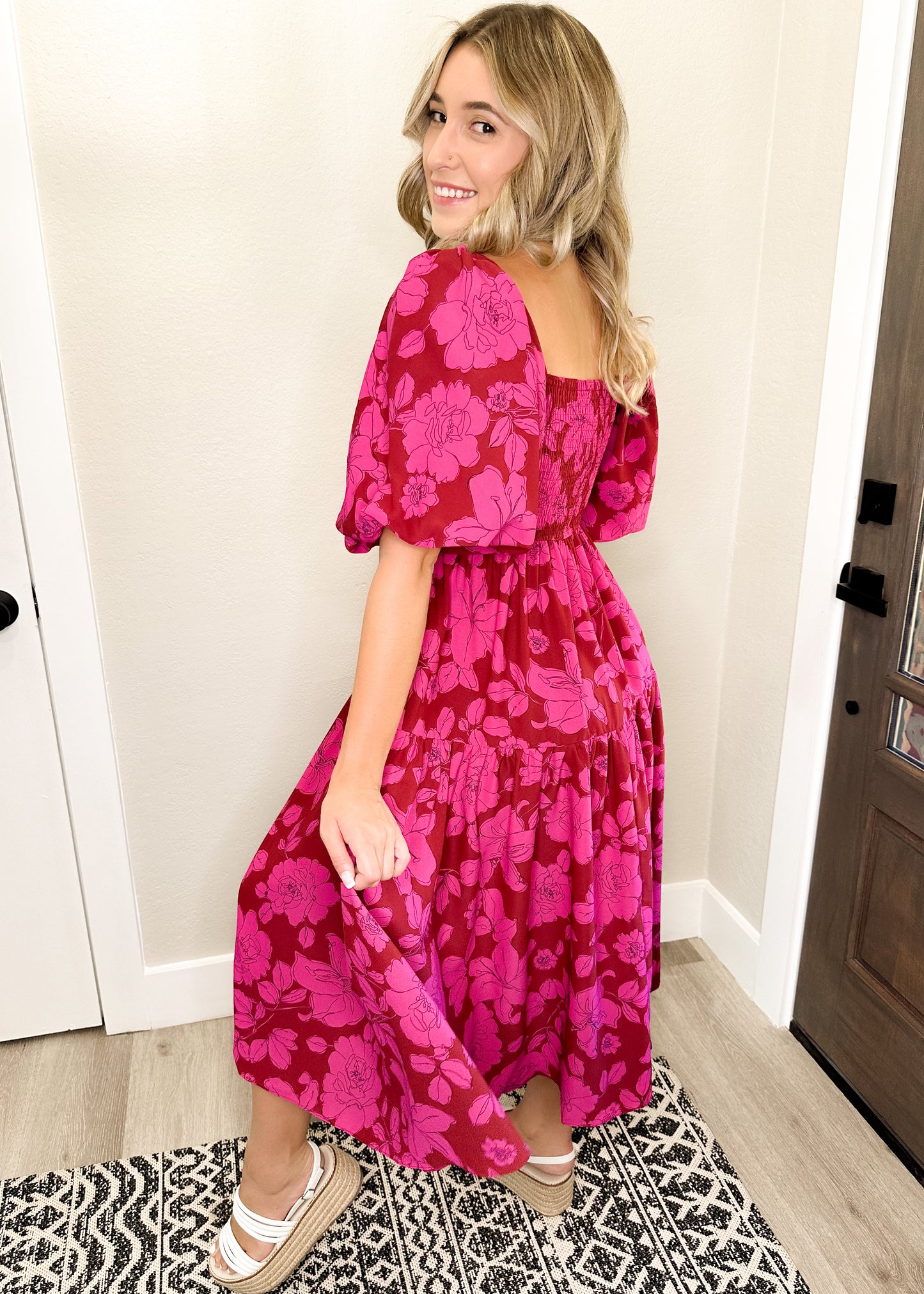 Brick & Pink Floral Print Square Neck Midi Dress