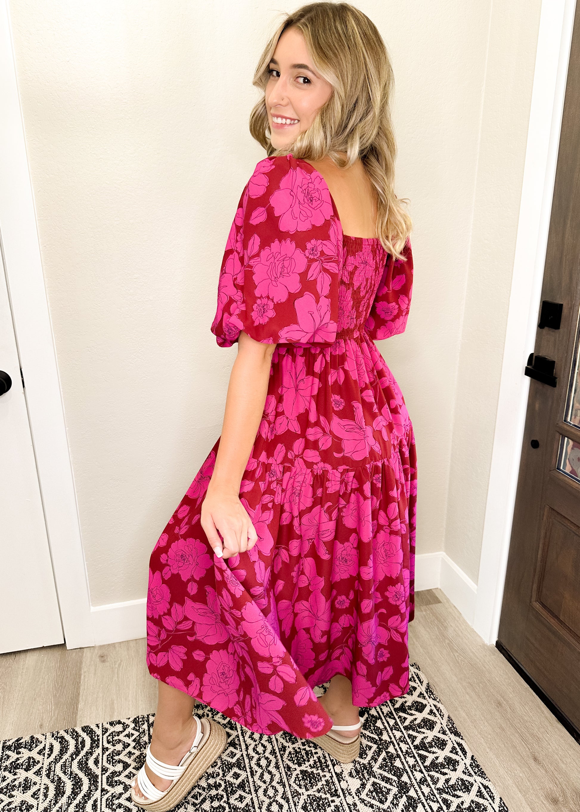Brick & Pink Floral Print Square Neck Midi Dress