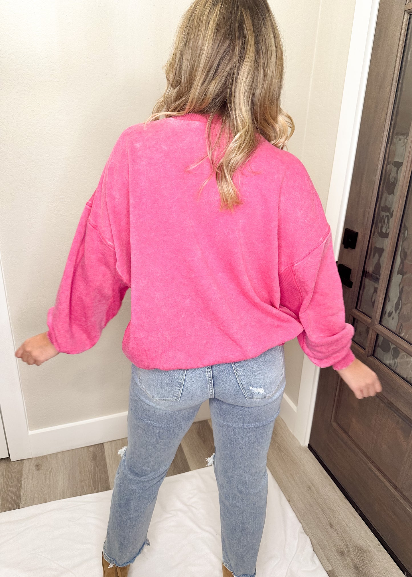 Hot Pink Acid Wash Fleece Oversized Pullover