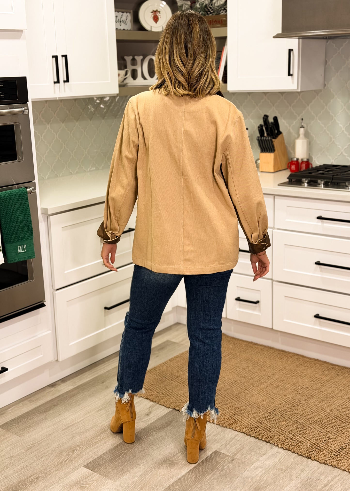 Khaki Shacket with Suede Collar