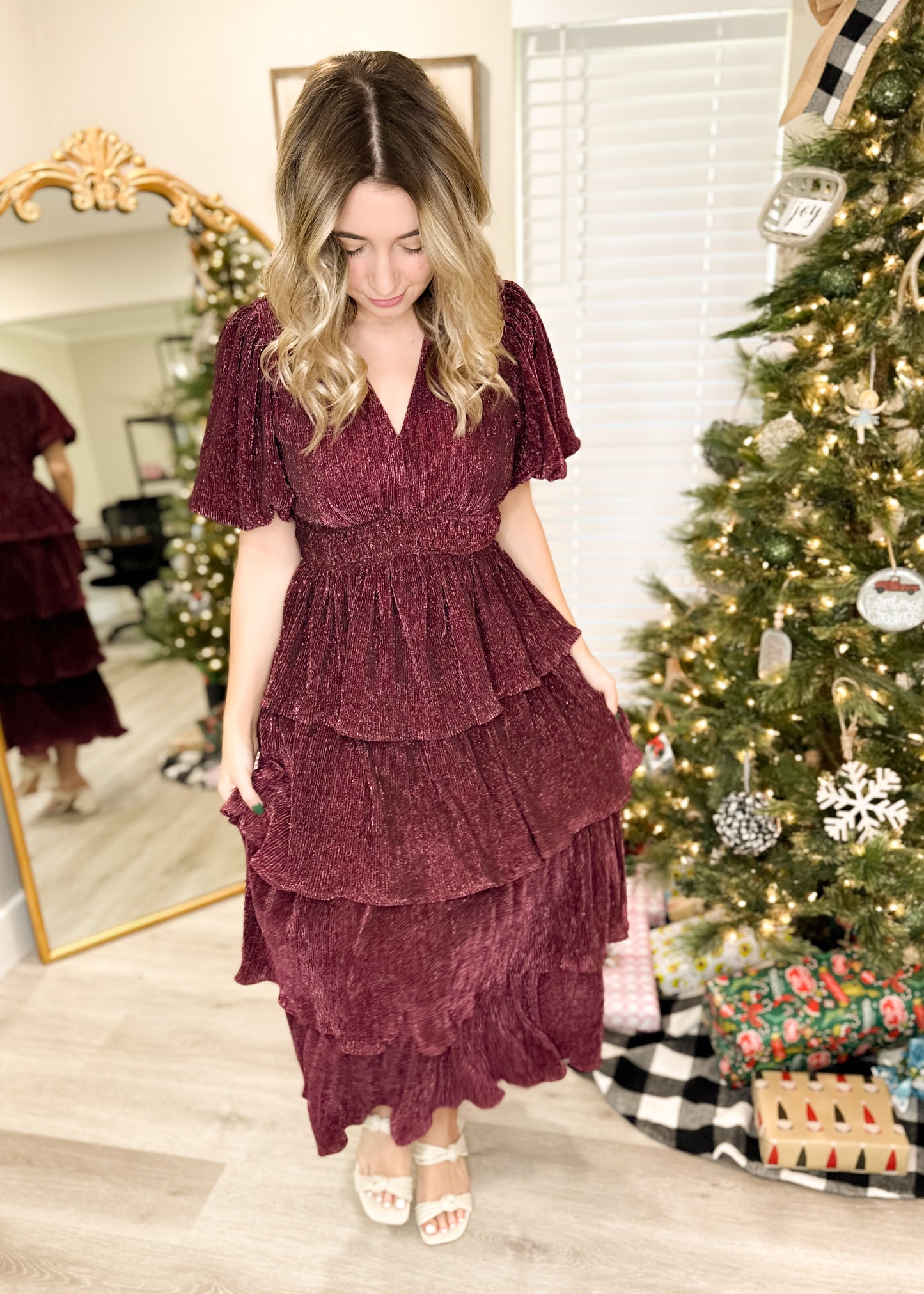 Burgundy Shimmer V-Neck Puff Sleeve Maxi Dress