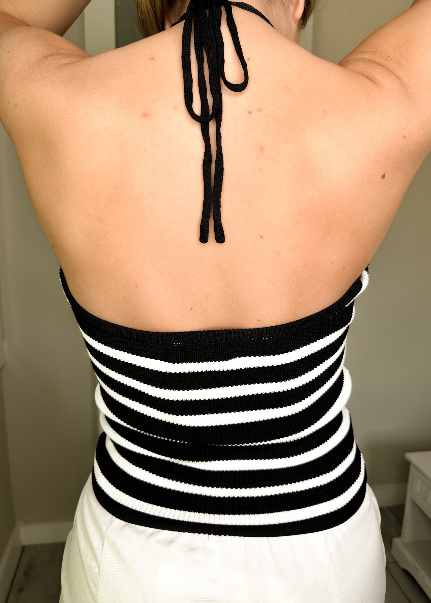 Black & White Striped Knot Halter Knitted Top