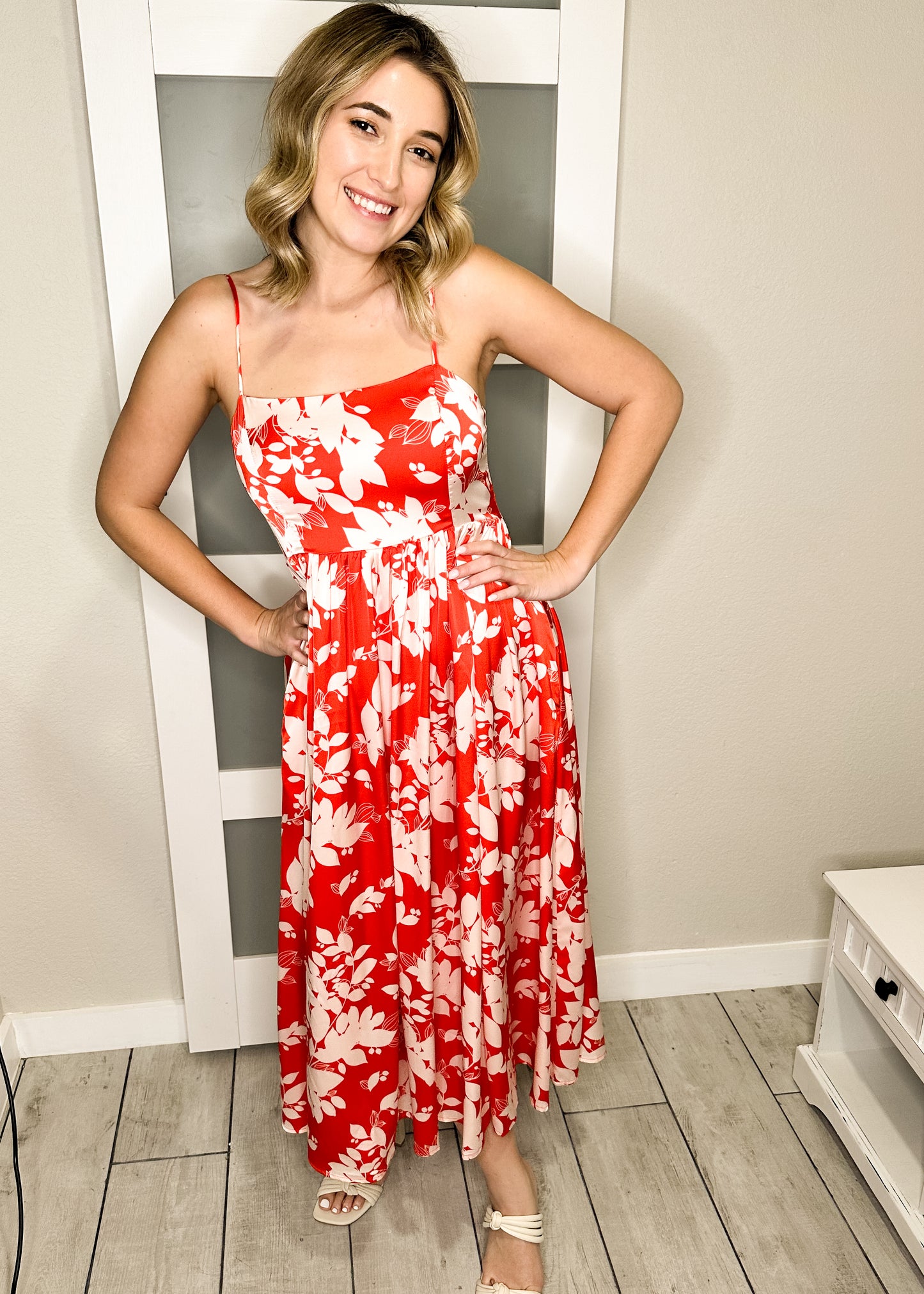 Tomato & White Floral Silky Midi Dress
