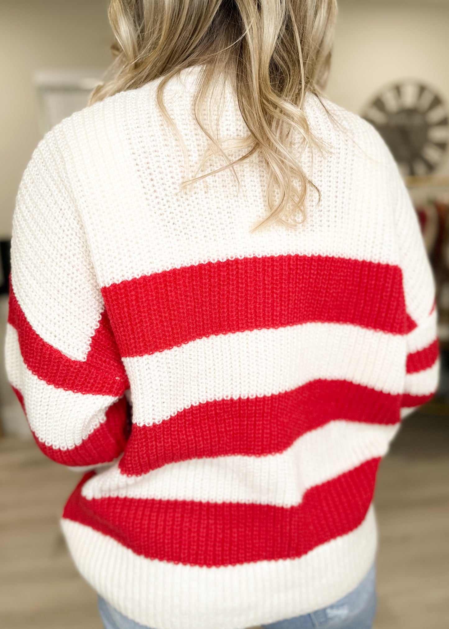 Red Oversized Stripe Knit Sweater with Pocket