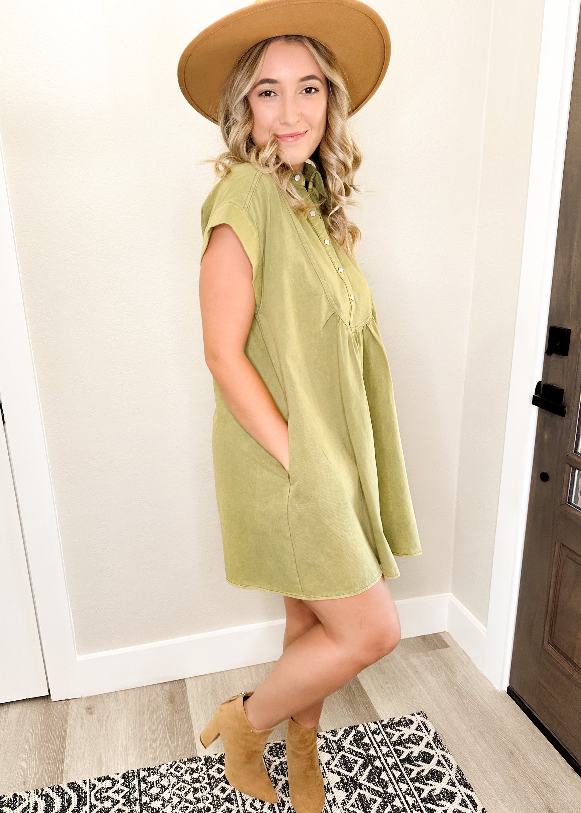 Olive Acid Wash Denim Short Sleeve Dress