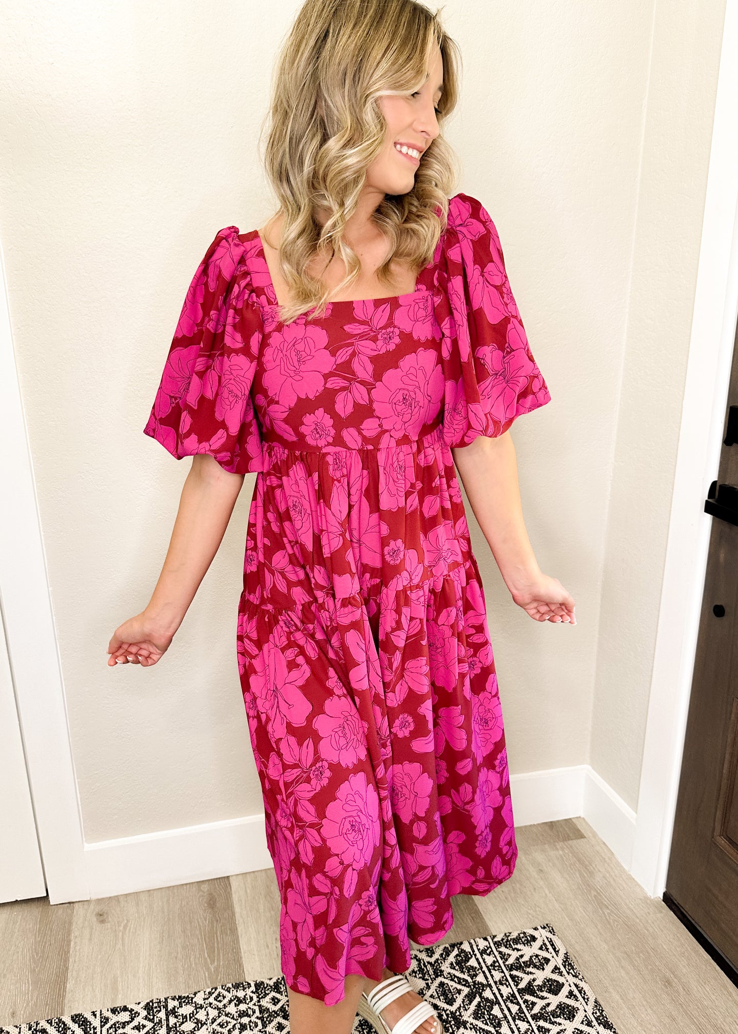 Brick & Pink Floral Print Square Neck Midi Dress