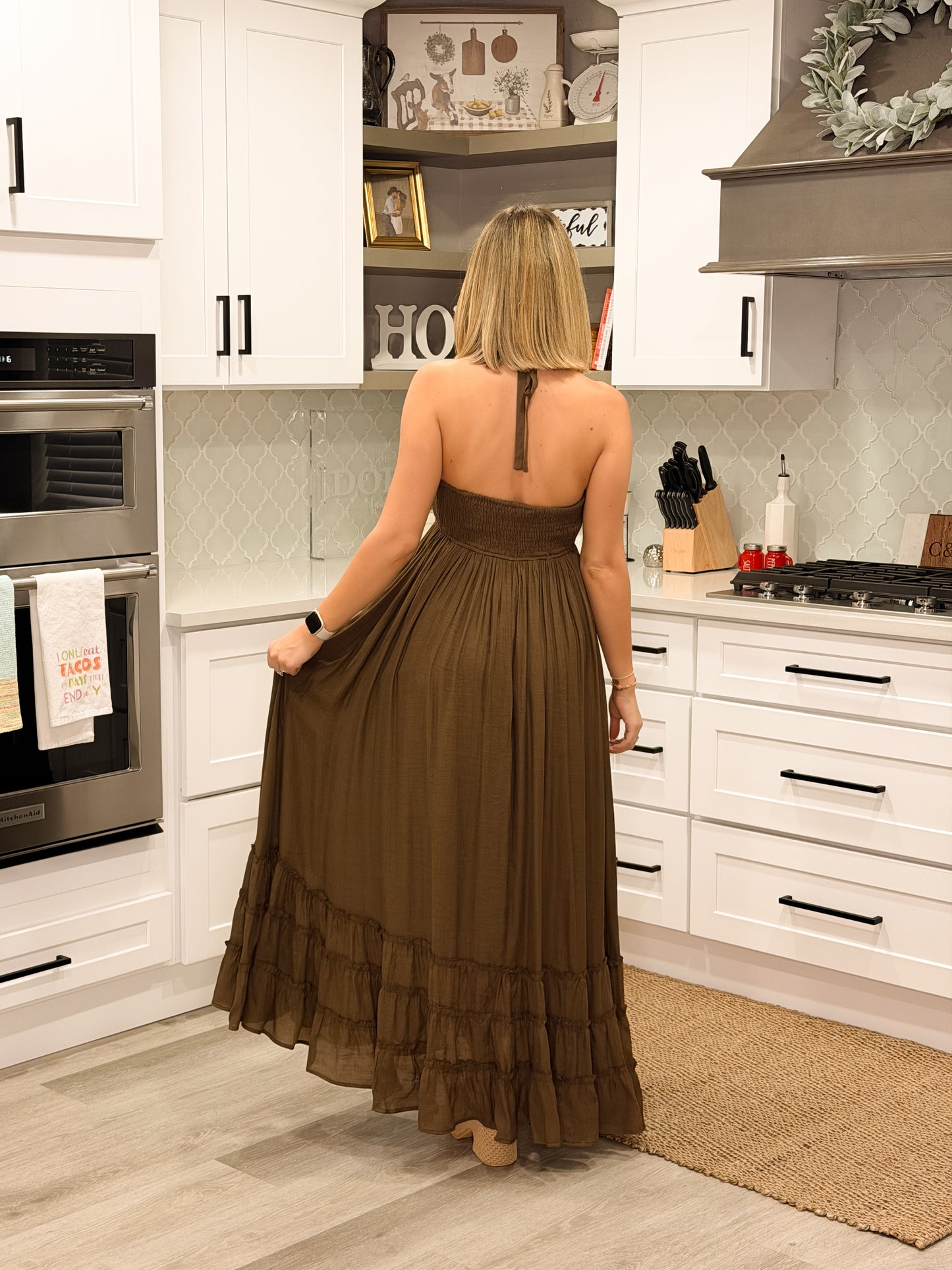 Chocolate Smocked Halter Maxi Dress
