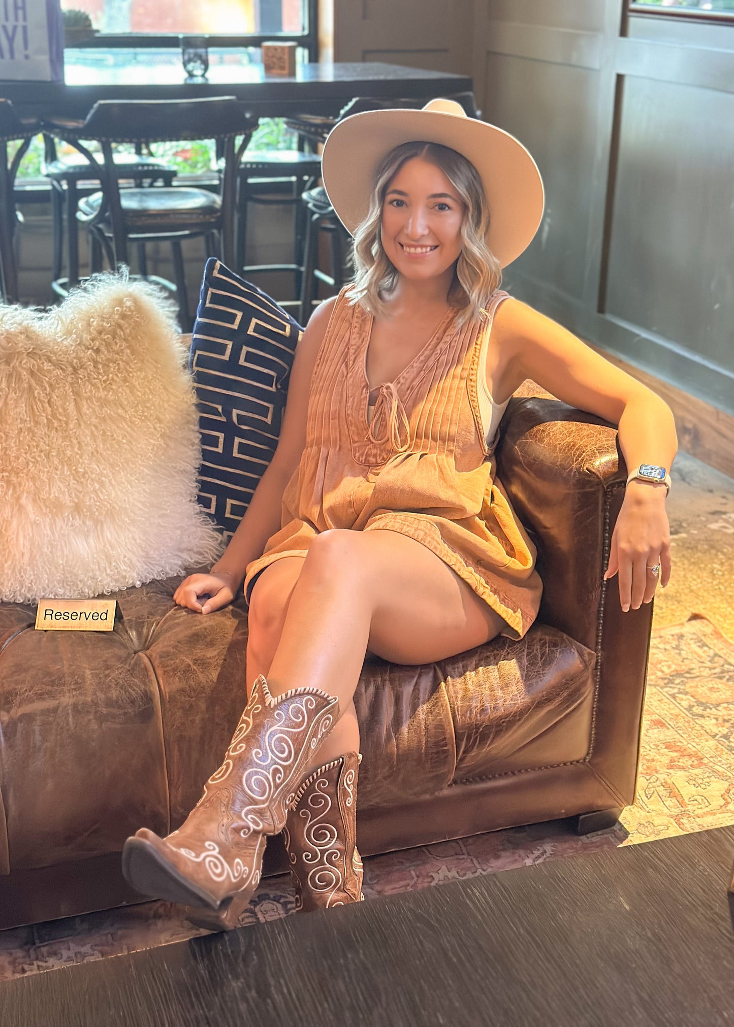 Rust Sleeveless Pleated Denim Romper