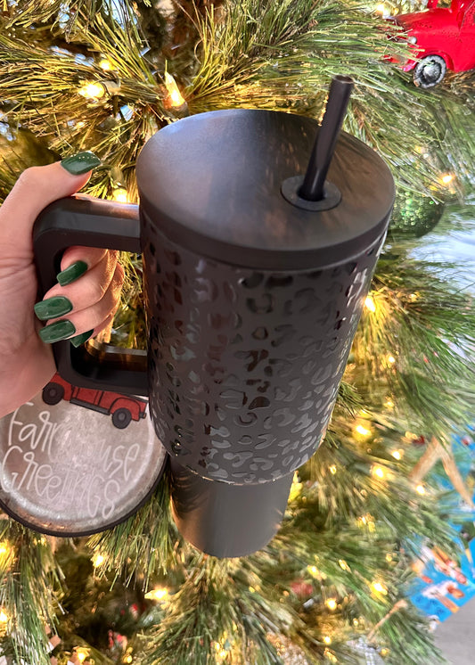 Black Leopard Print 40oz Tumbler with Handle