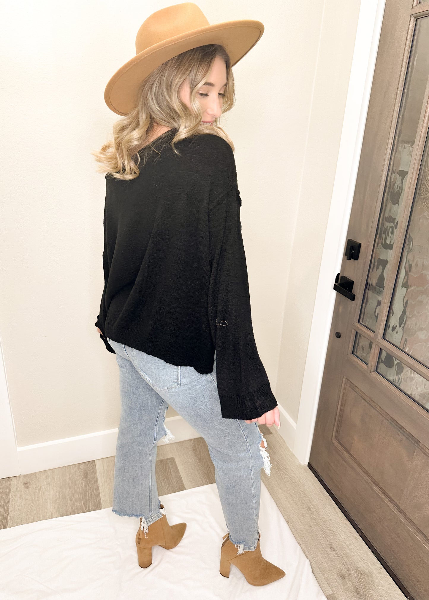 Black Wide Neck Pullover Knit Sweater