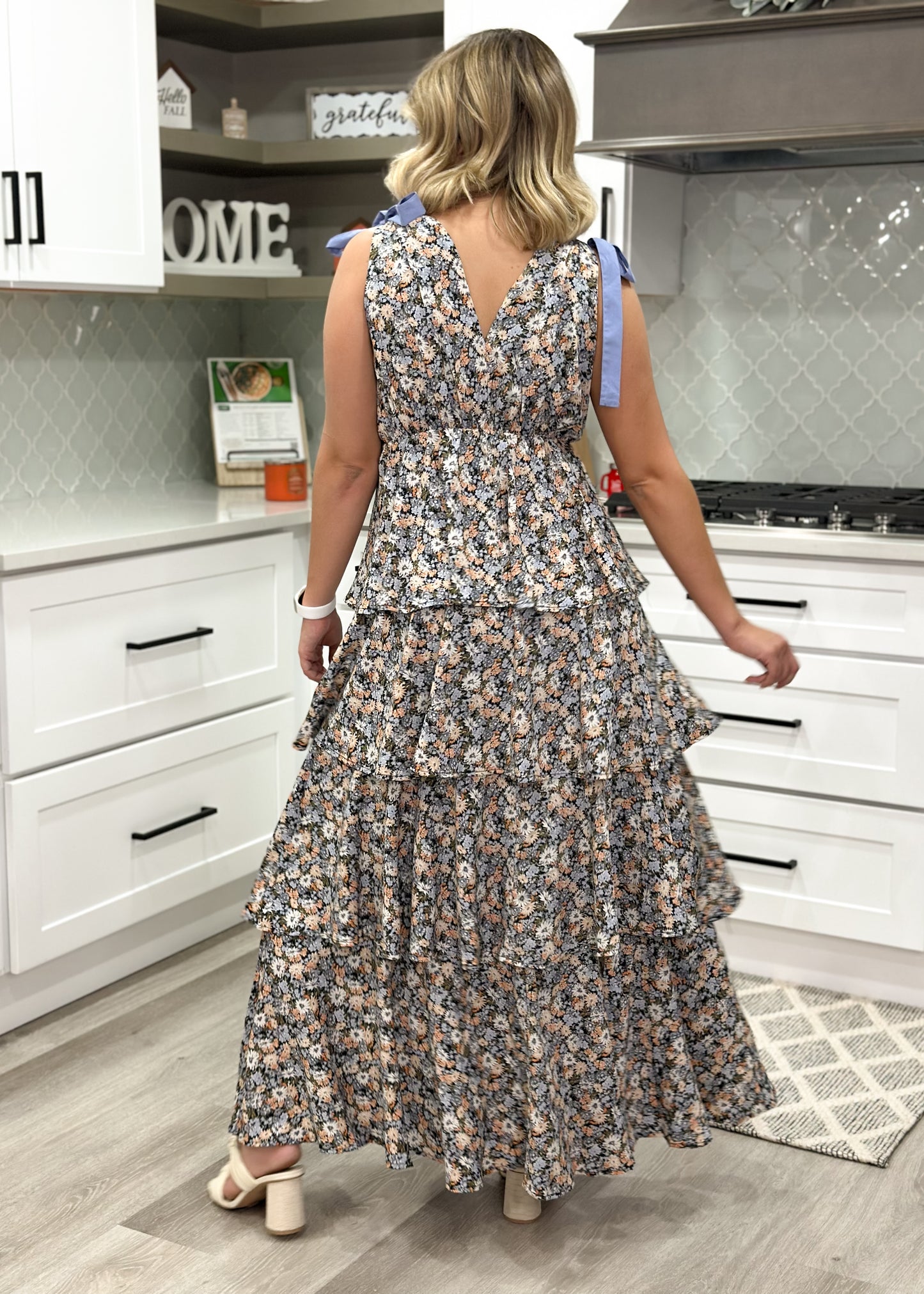 Black & Baby Blue Floral Tiered Maxi Dress with Bows
