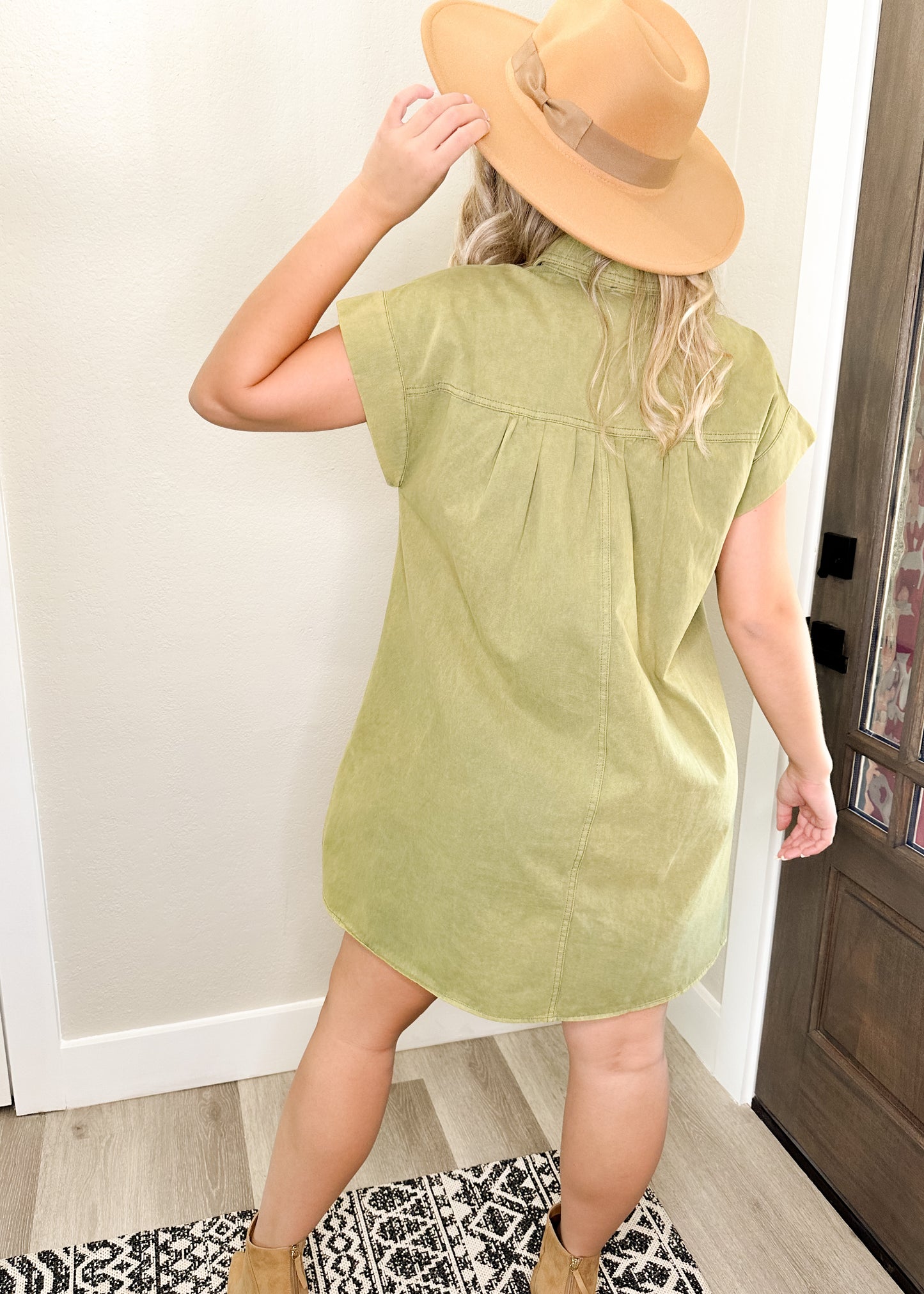 Olive Acid Wash Denim Short Sleeve Dress