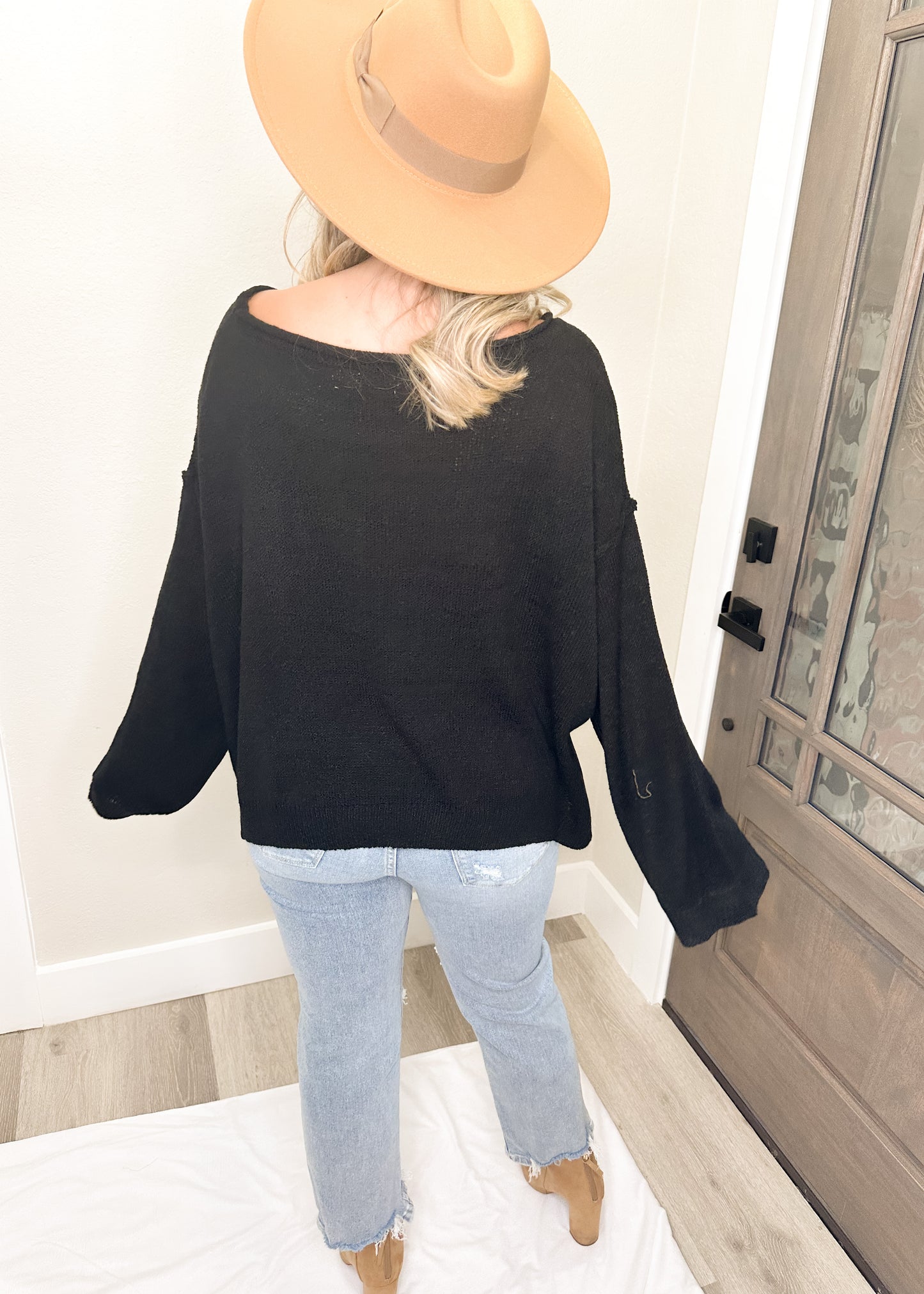 Black Wide Neck Pullover Knit Sweater