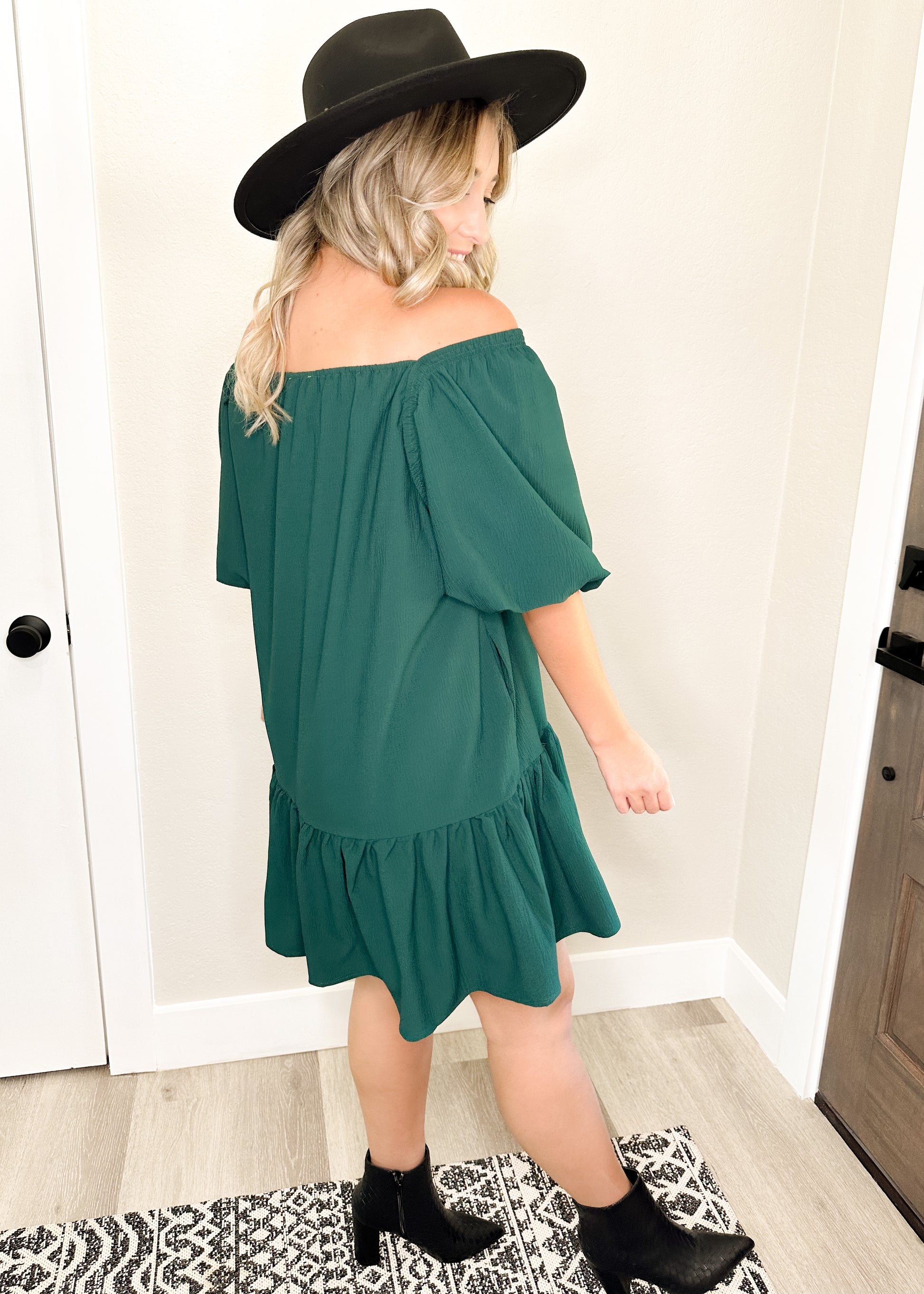 Hunter Green Puff Sleeve Square Neckline Dress