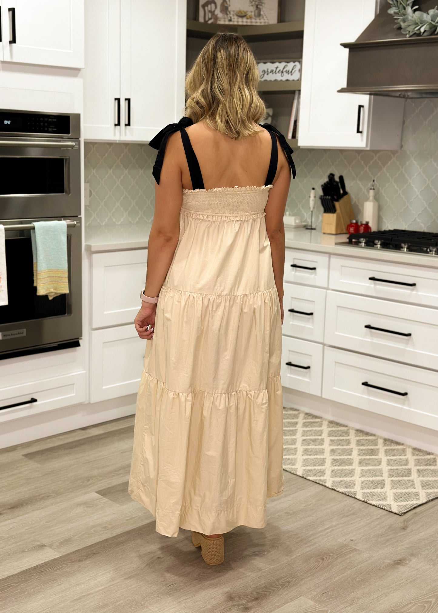 Taupe & Black Shoulder Tie Smocked Maxi Dress