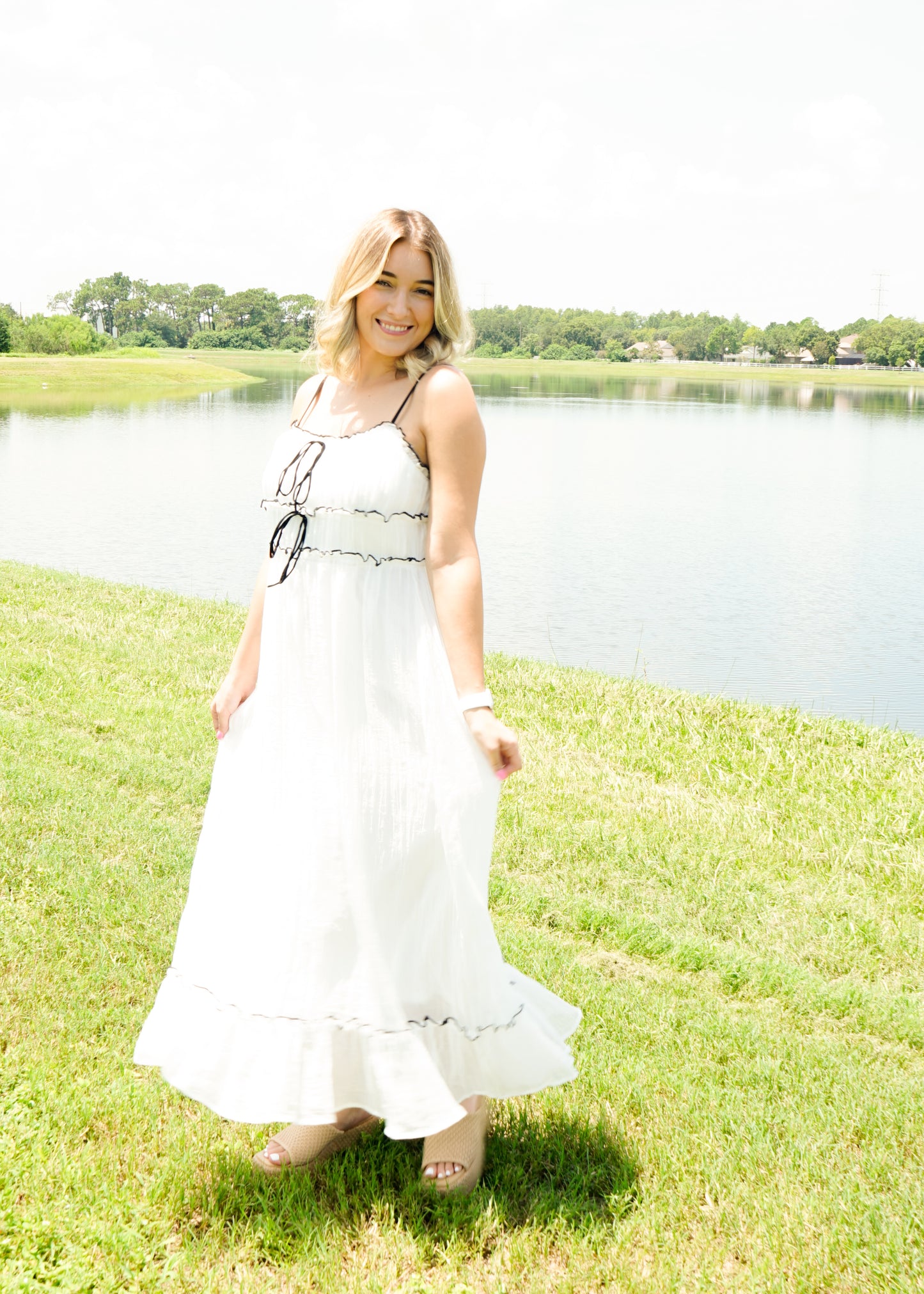 White Flowy Woven Maxi Dress with Black Bow Details