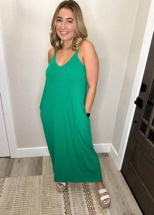 Kelly Green V-Neck Maxi Dress w/ Pockets