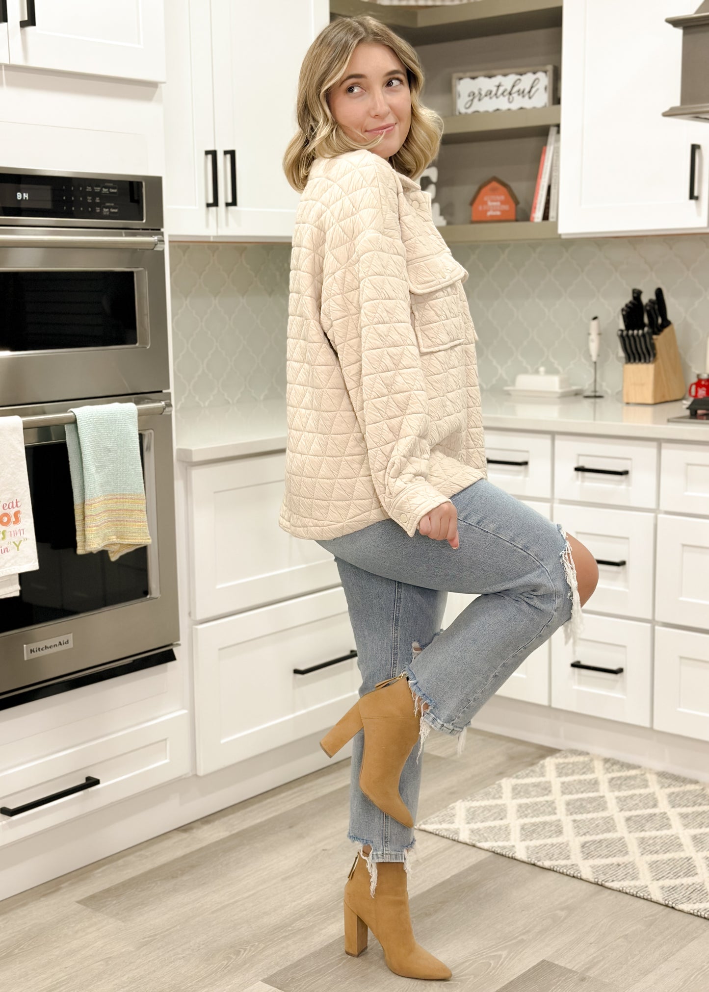 Oatmeal Quilted Button Up Jacket