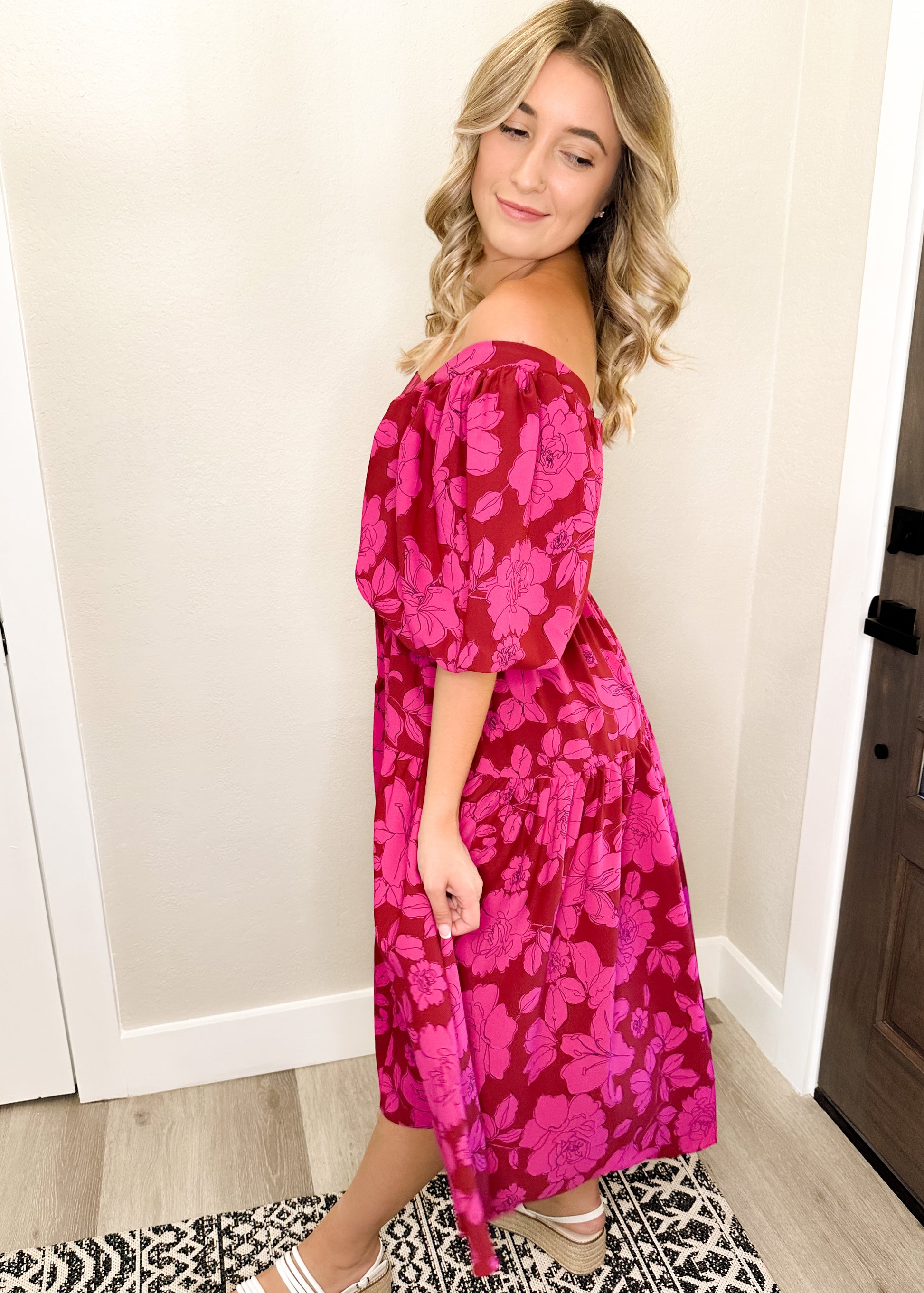 Brick & Pink Floral Print Square Neck Midi Dress