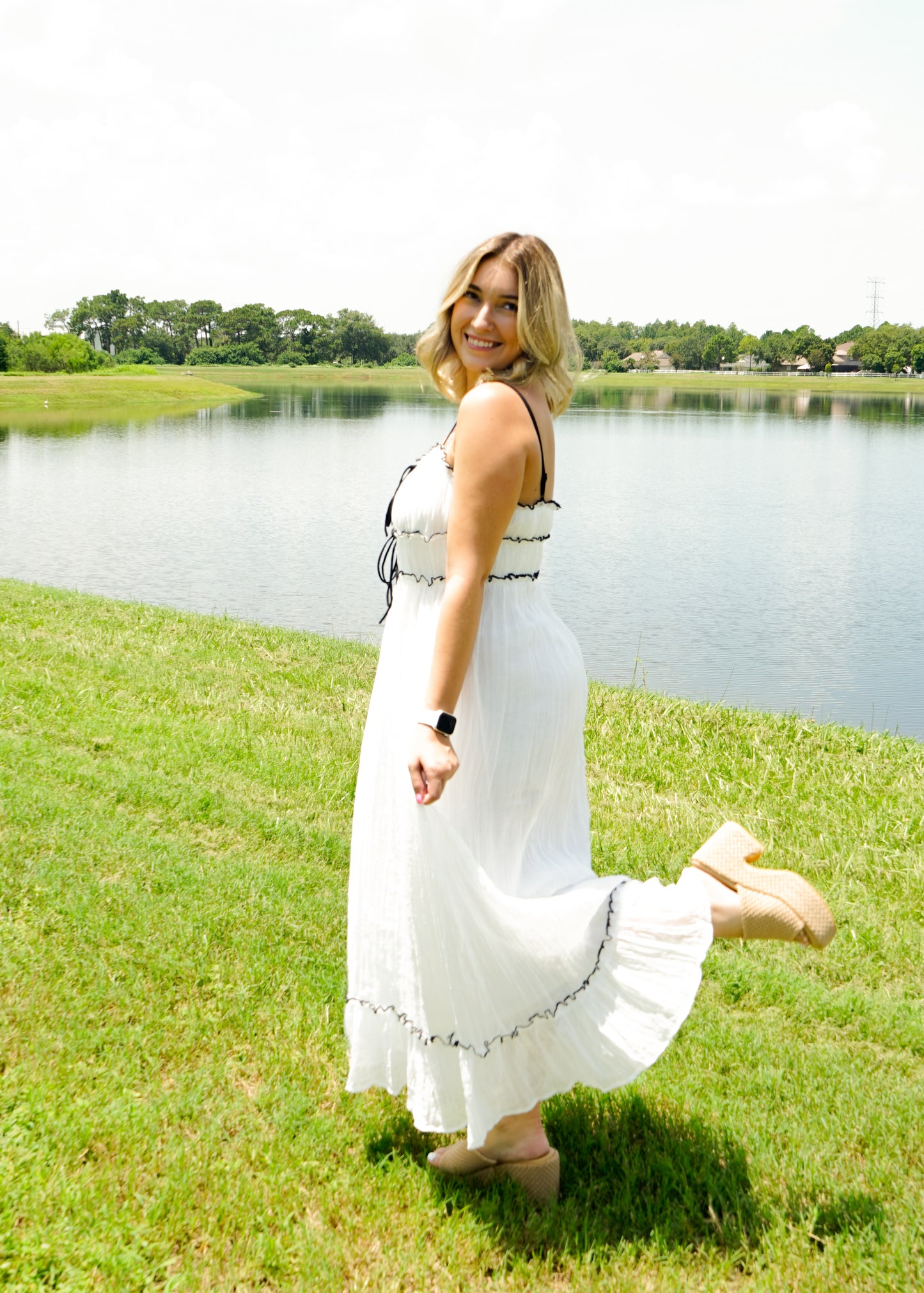 White Flowy Woven Maxi Dress with Black Bow Details
