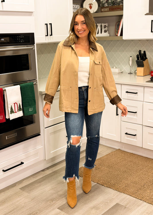 Khaki Shacket with Suede Collar