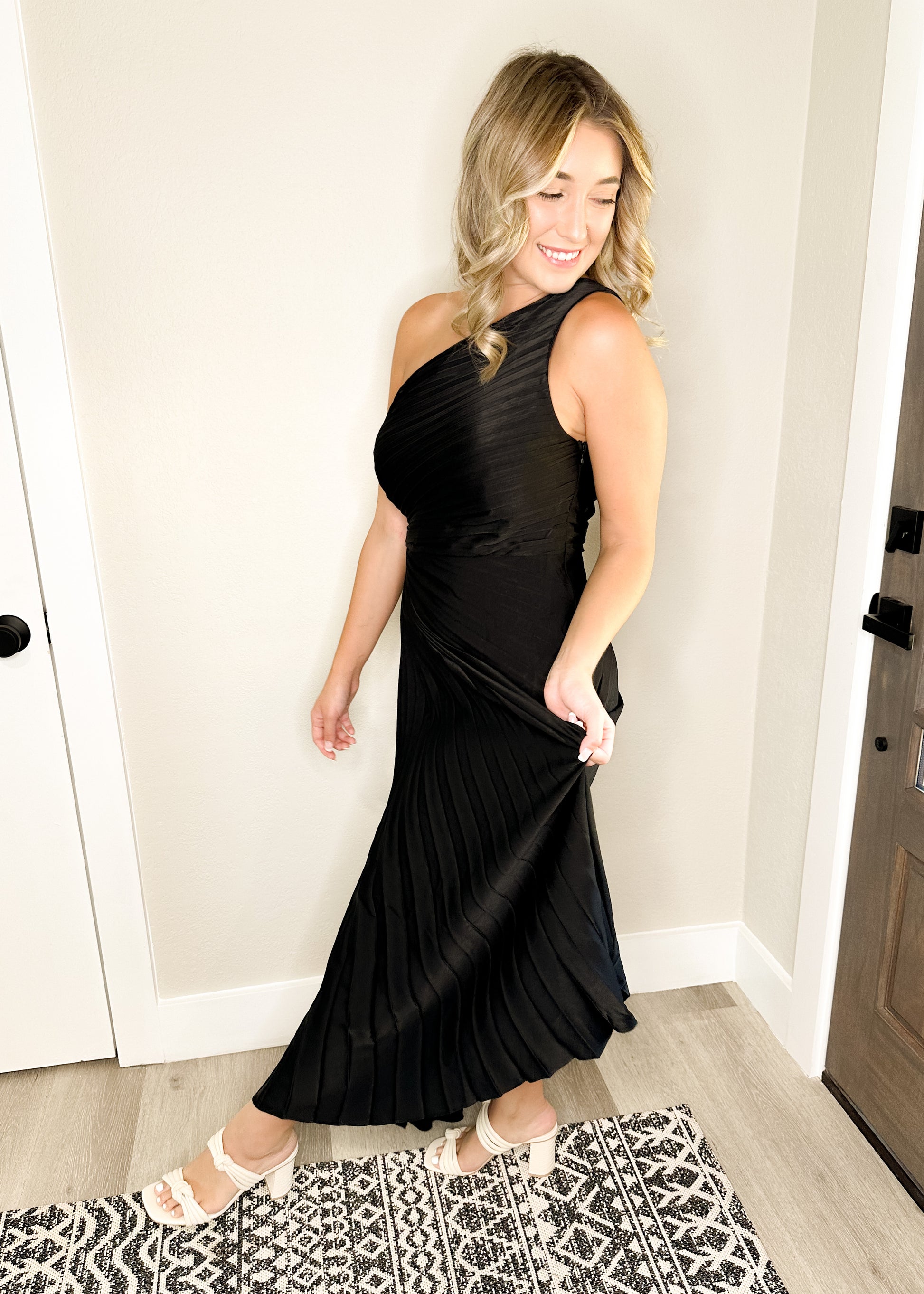 Black Pleated One Shoulder Side Cut Out Asymmetrical Hem Dress