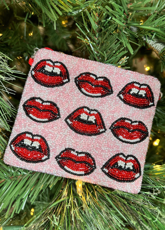 Red Lips Beaded Coin Purse