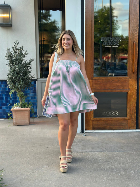 Pink & Green Striped Smocked Babydoll Dress